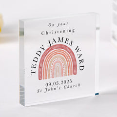 Christening Gift PINK or BLUE Acrylic Plaque Keepsake for Christening Rainbow Design with Name Date & Church Baby Girl or Boy Baptism
