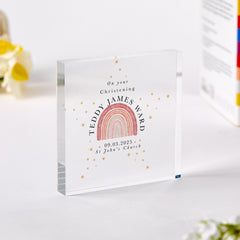 Christening Gift PINK or BLUE Acrylic Plaque Keepsake for Christening Rainbow Design with Name Date & Church Baby Girl or Boy Baptism