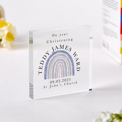 Christening Gift PINK or BLUE Acrylic Plaque Keepsake for Christening Rainbow Design with Name Date & Church Baby Girl or Boy Baptism