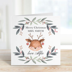 Christmas Card for Teacher Cute Reindeer Festive Merry Keepsake Primary Nursery Staff