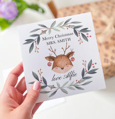 Christmas Card for Teacher Cute Reindeer Festive Merry Keepsake Primary Nursery Staff