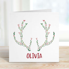 Christmas Card With Name And Deer Antlers Made Of Flowers Xmas Cards For Him Her Friend Families Mum Dad Teenage
