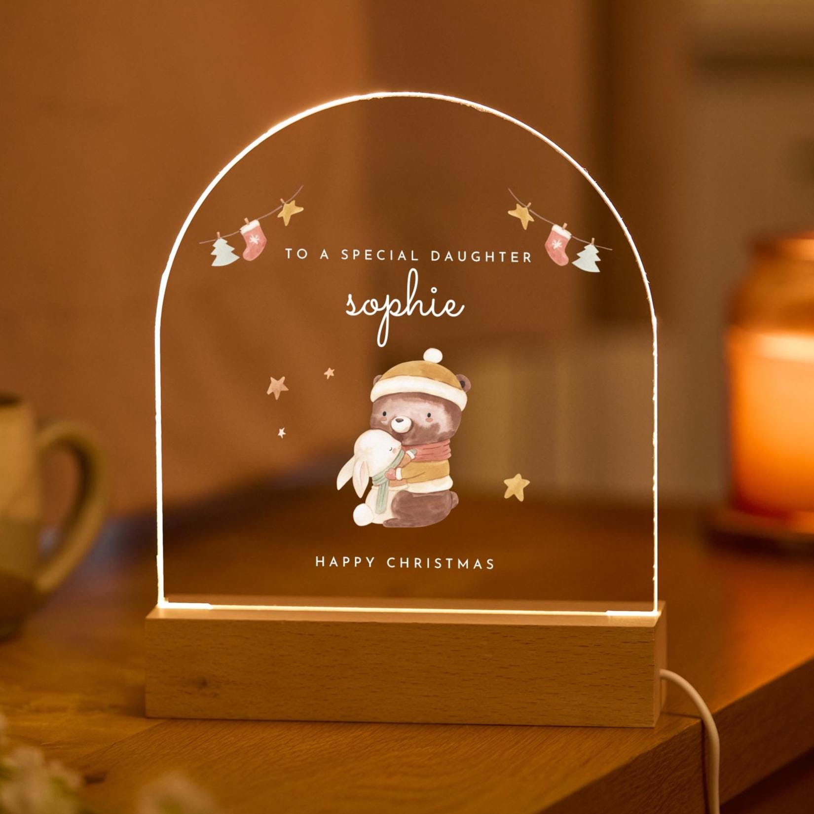 Christmas Gift for Daughter LED Light Plaque with Festive Bear Design Night Light Keepsake for Child or Baby Girl