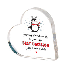 Christmas Gift for Girlfriend or Boyfriend, Funny Heart Acrylic Plaque Keepsake with Penguin Design Romantic Gift for Wife Husband or Fiancé
