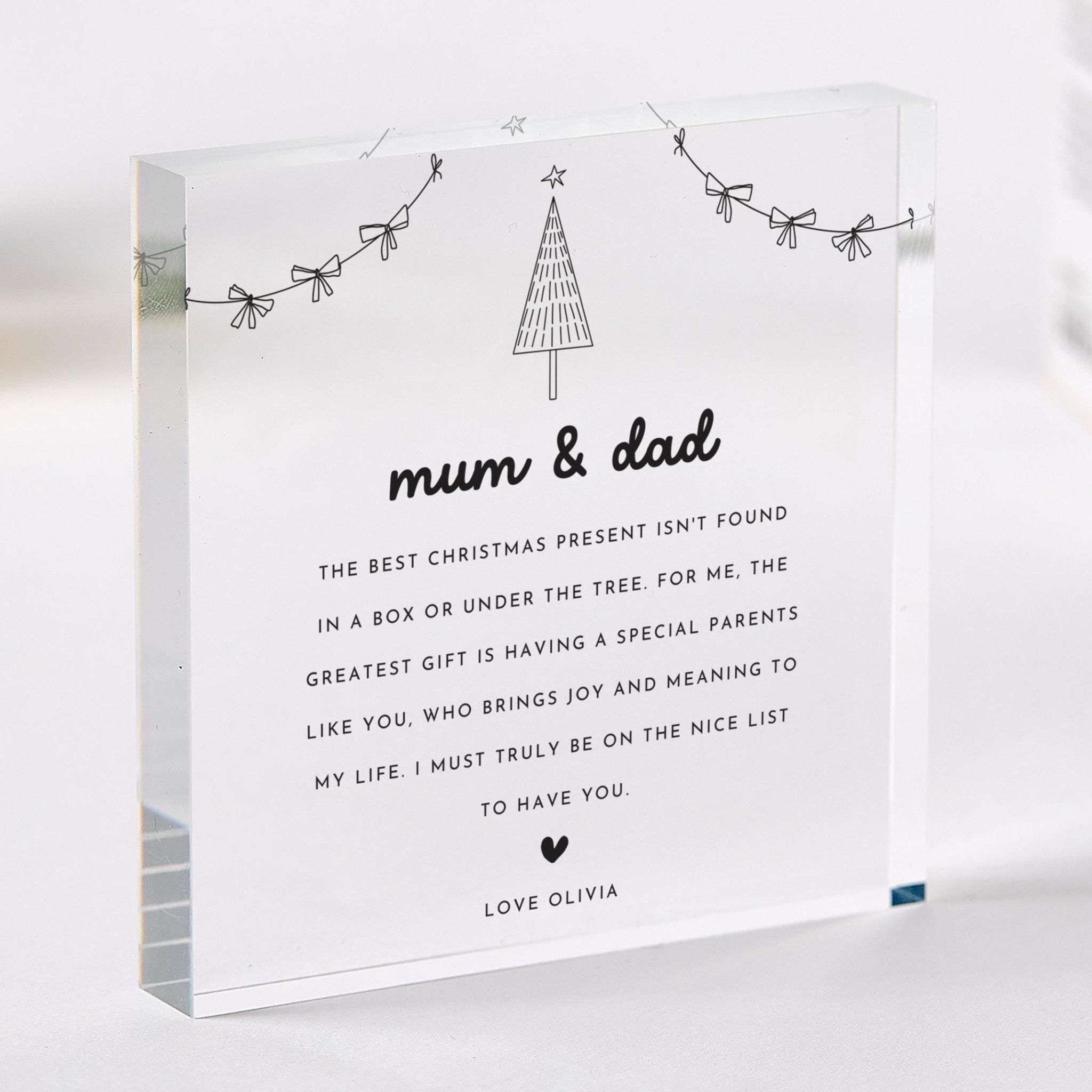 Christmas Gift for Mum and Dad, Personalised Acrylic Plaque from Daughter or Son, Festive Keepsake for Parents