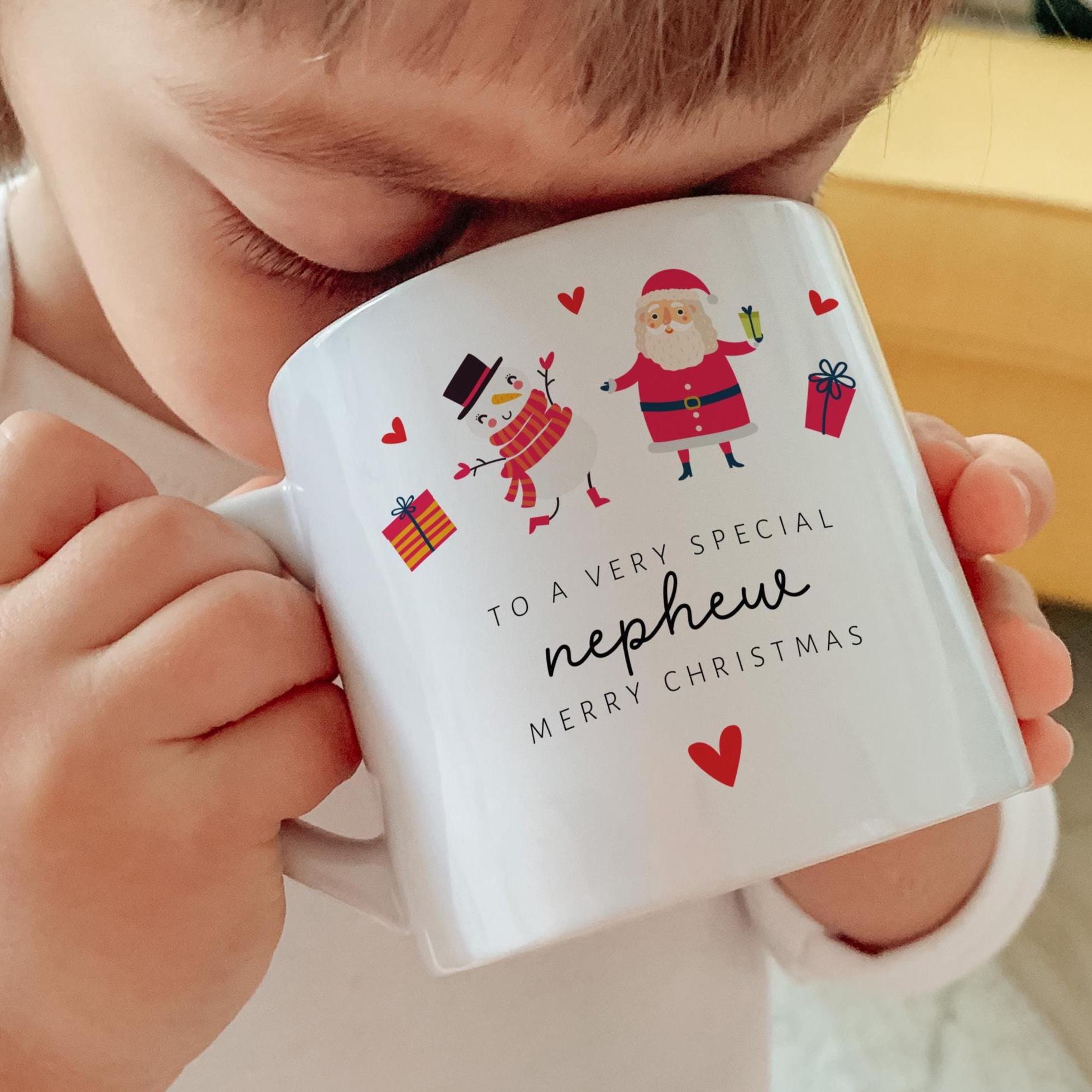 Christmas gift for Nephew Kids Size Mug Xmas Gift from Auntie or Uncle for Baby Boy Santa and Snowman Design