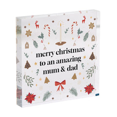 Christmas Mum and Dad Acrylic Plaque Gift Festive Xmas Keepsake Decoration for Parents from Son or Daughter Holiday Present Idea