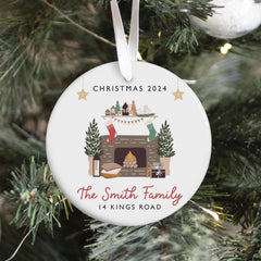 Christmas Ornament with Family Name and Address Featuring a Cosy Home Design Personalised Holiday Keepsake Gift