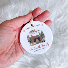 Christmas Ornament with Family Name and Address Featuring a Cosy Home Design Personalised Holiday Keepsake Gift