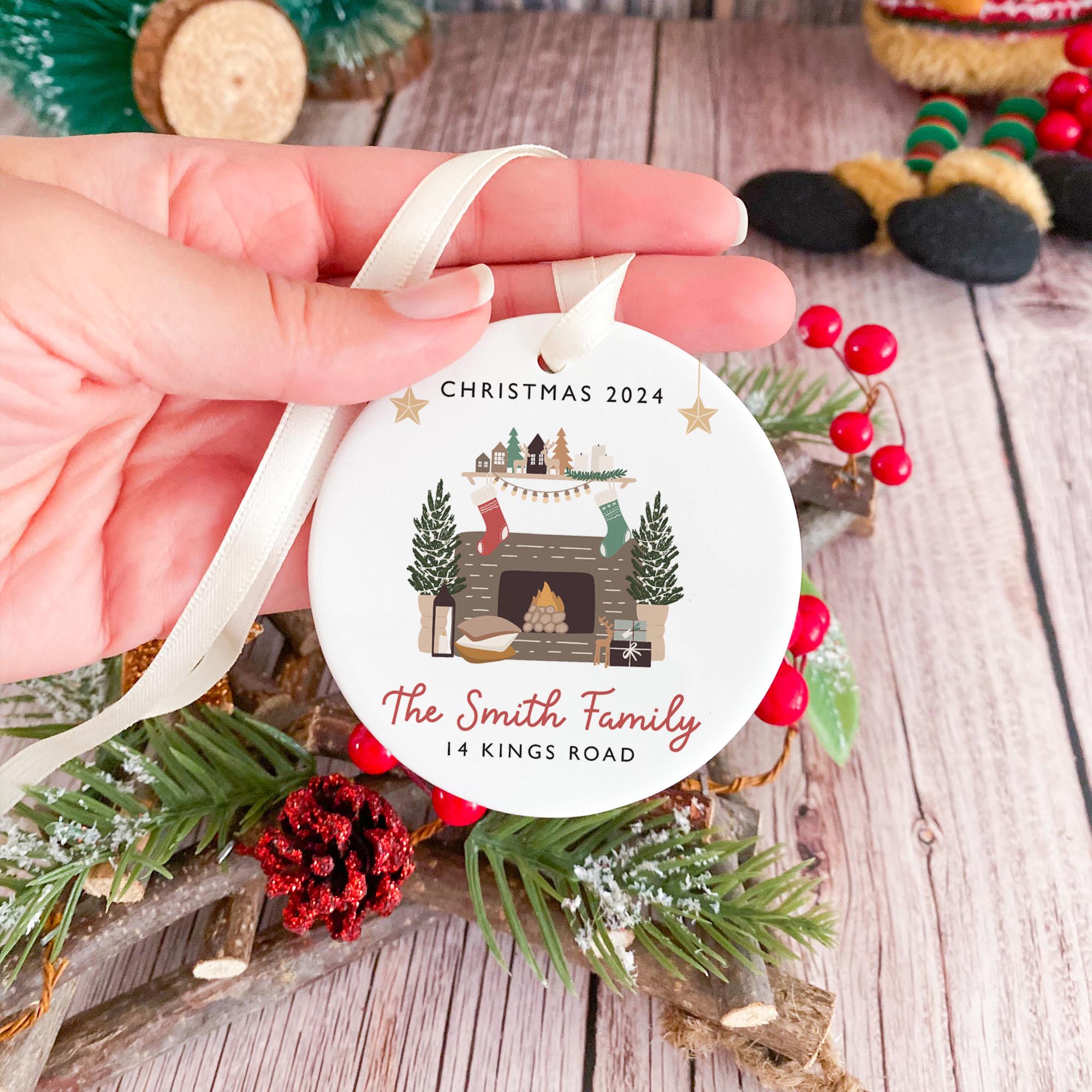 Christmas Ornament with Family Name and Address Featuring a Cosy Home Design Personalised Holiday Keepsake Gift