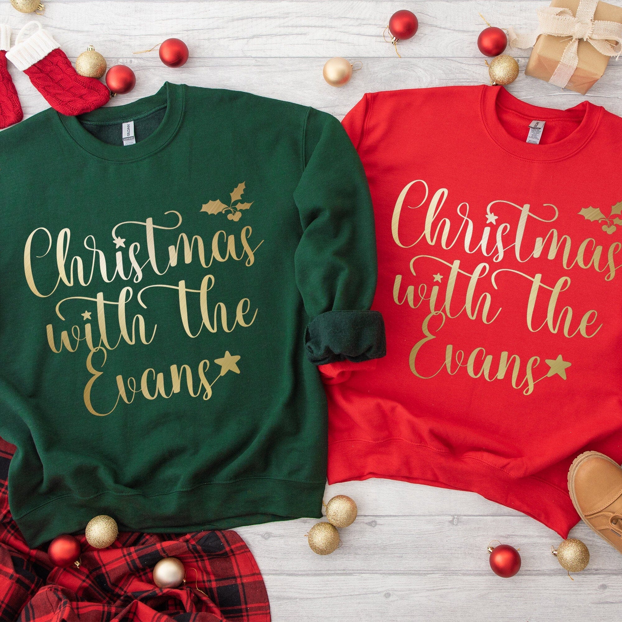Christmas With The Last Name Personalised Family Christmas Jumper Gold Foil Matching Sweatshirt