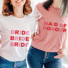 Colourful Bride and team T-shirt, Bridesmaid, Maid of Honour, Mother of Bride, Groom, Hen Bachelorette Party Top - Pomchick