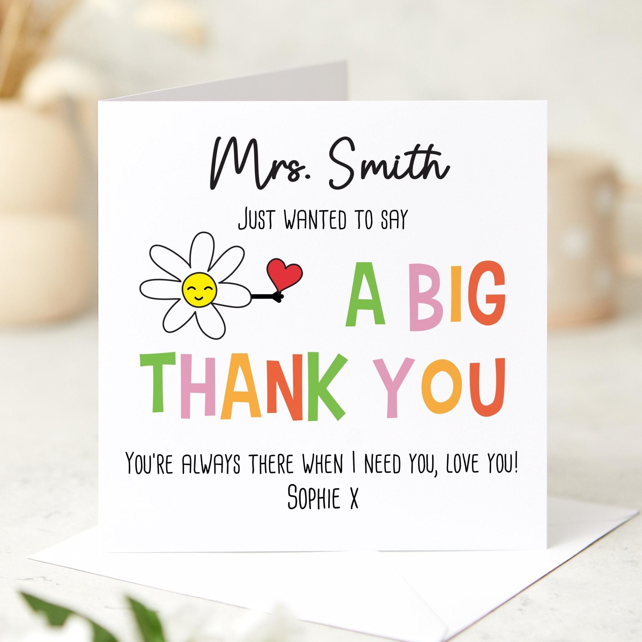Colourful Thank You Teacher Card – Big Thank You Message – Nursery, Reception or Primary End of Term or Teacher’s Day Gift Card from Child