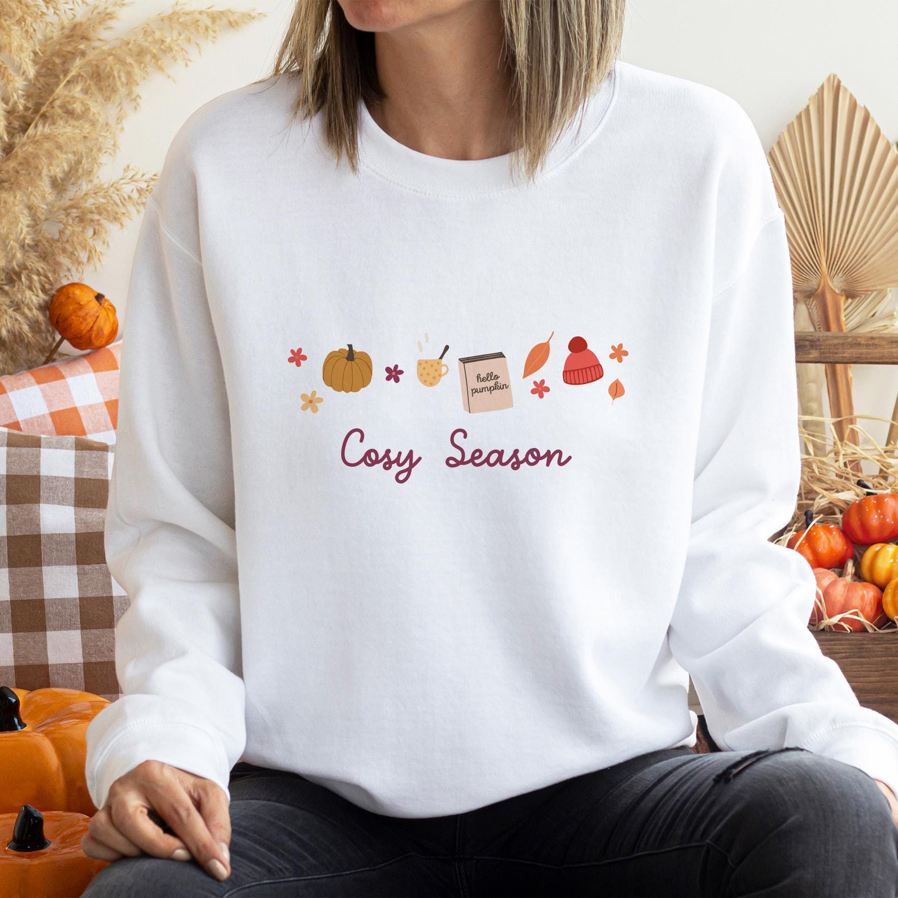 Cosy Season Autumn Sweatshirt Cute Jumper with Pumpkin & Leaves Autumn Gift for Her