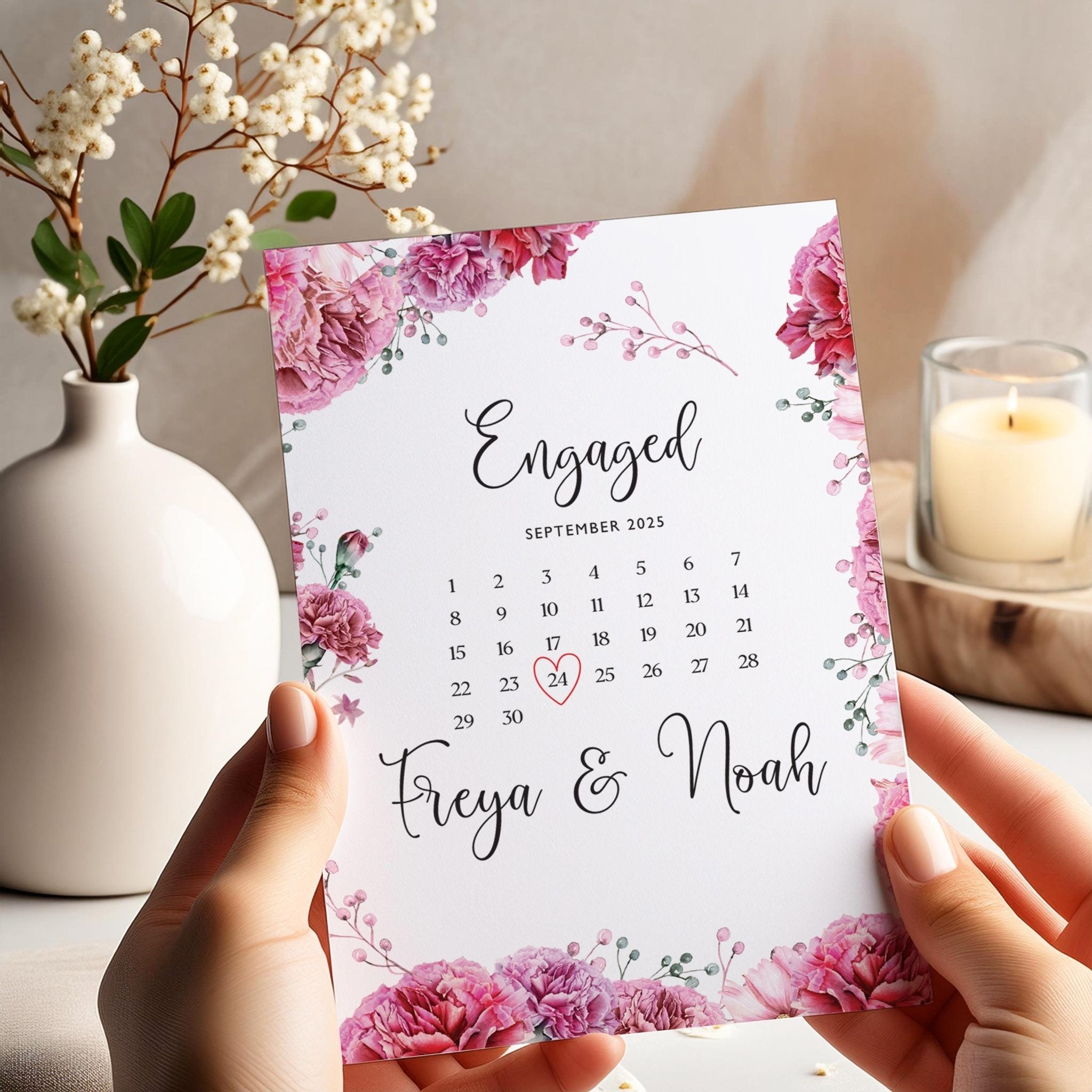 Custom Engagement Card with Names and Date Romantic Calendar Design Keepsake for Engaged Couple Floral Love Theme