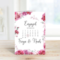Custom Engagement Card with Names and Date Romantic Calendar Design Keepsake for Engaged Couple Floral Love Theme