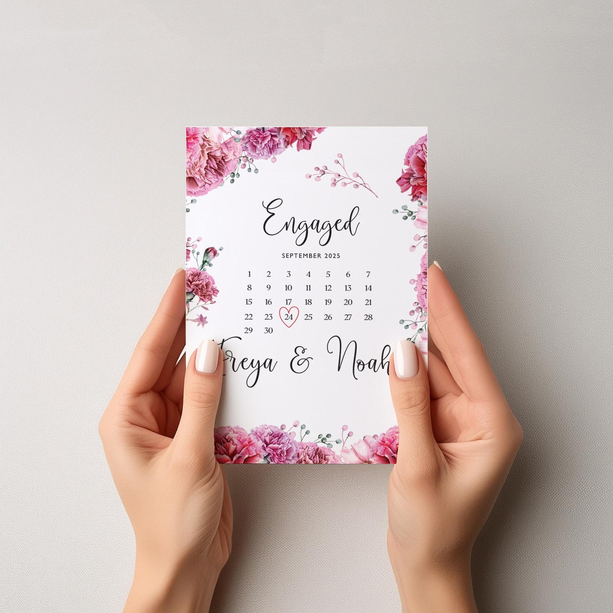 Custom Engagement Card with Names and Date Romantic Calendar Design ...
