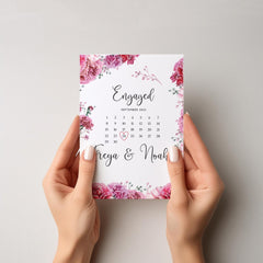 Custom Engagement Card with Names and Date Romantic Calendar Design Keepsake for Engaged Couple Floral Love Theme