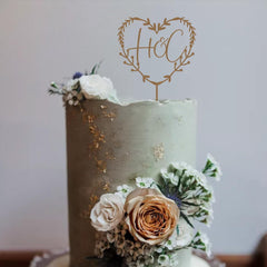 Custom Heart Initials Cake Topper, Rustic Engagement Anniversary, Wooden Gold Silver Rose Gold Black Painted Decor