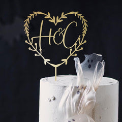Custom Heart Initials Cake Topper, Rustic Engagement Anniversary, Wooden Gold Silver Rose Gold Black Painted Decor