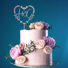 Custom Heart Initials Cake Topper, Rustic Engagement Anniversary, Wooden Gold Silver Rose Gold Black Painted Decor