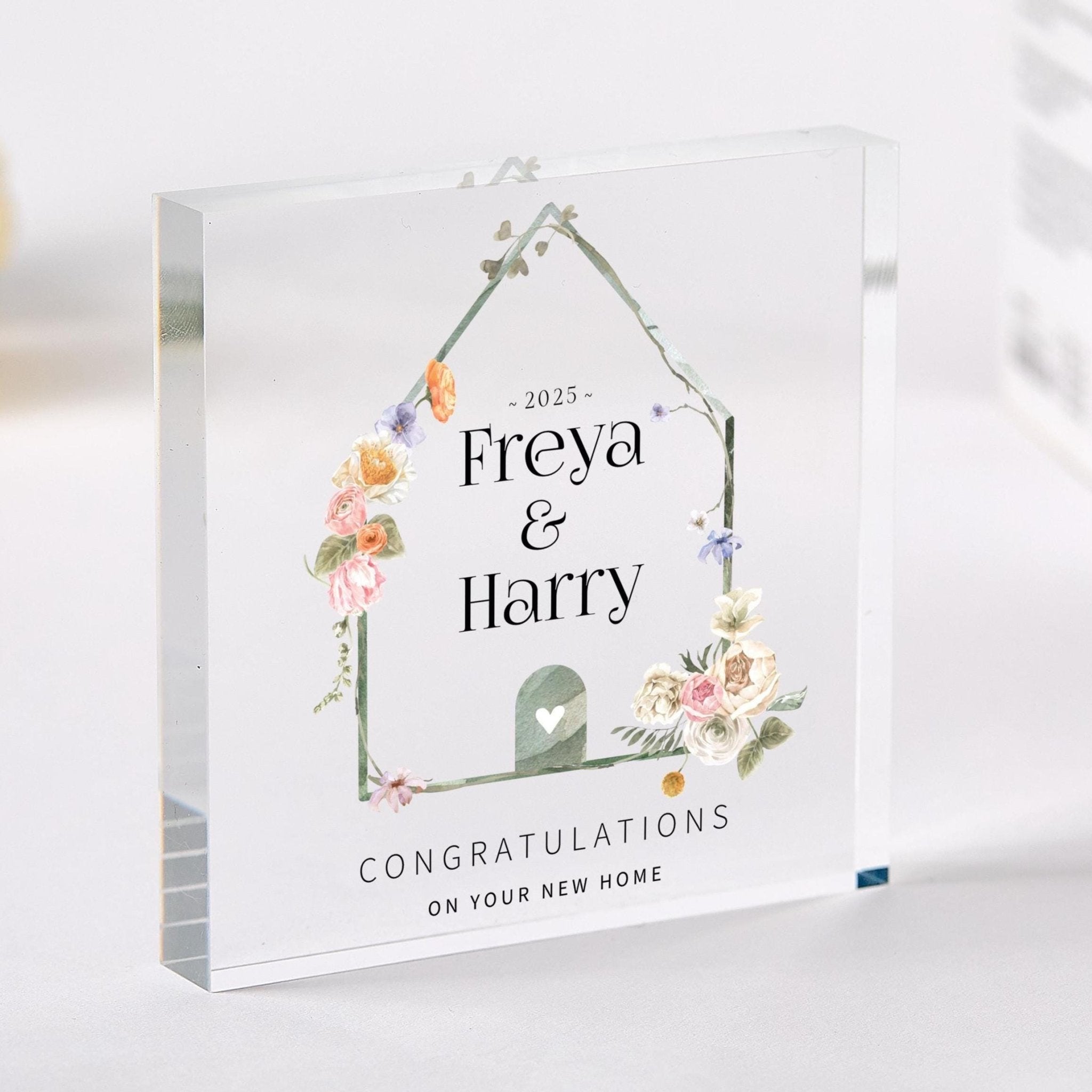 Custom New Home Gift Acrylic Plaque with Names & Year Floral Housewarming Keepsake for Couple, Family Newlywed Engaged Married Friend