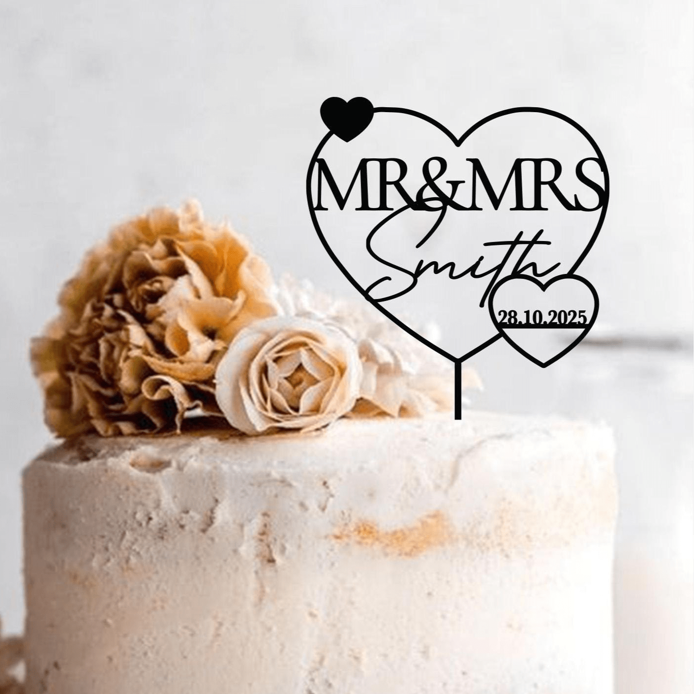 Custom Wedding Cake Topper Mr & Mrs Heart, Bridal Shower Engagement, Rustic Wooden Gold Silver Rose Gold Black