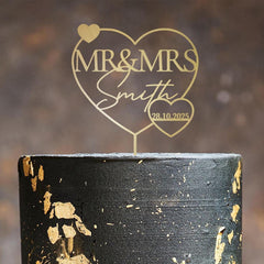 Custom Wedding Cake Topper Mr & Mrs Heart, Bridal Shower Engagement, Rustic Wooden Gold Silver Rose Gold Black