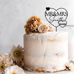 Custom Wedding Cake Topper Mr & Mrs Heart, Bridal Shower Engagement, Rustic Wooden Gold Silver Rose Gold Black