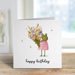 Cute Happy Birthday Card With Colourful Flowers And Frog Card For Her Girl Kids Teenage Friends Mum Auntie Greeting Cards