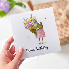 Cute Happy Birthday Card With Colourful Flowers And Frog Card For Her Girl Kids Teenage Friends Mum Auntie Greeting Cards