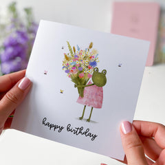 Cute Happy Birthday Card With Colourful Flowers And Frog Card For Her Girl Kids Teenage Friends Mum Auntie Greeting Cards