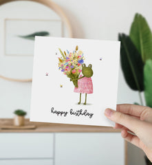 Cute Happy Birthday Card With Colourful Flowers And Frog Card For Her Girl Kids Teenage Friends Mum Auntie Greeting Cards