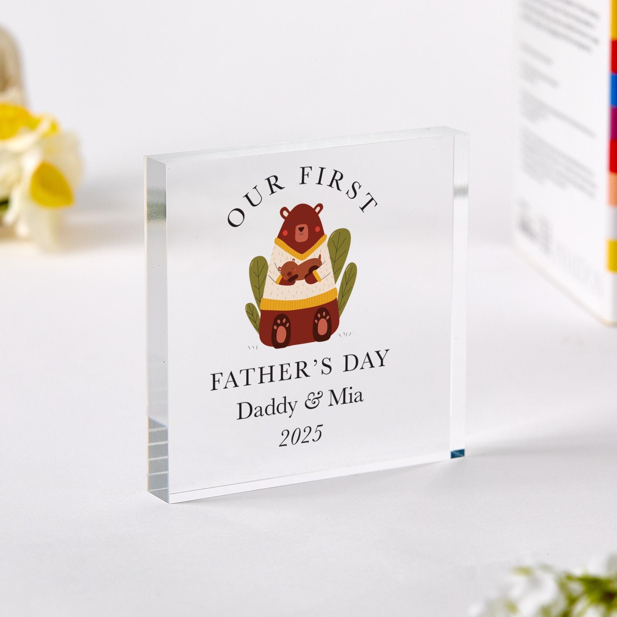 Daddy and baby acrylic plaque Personalised First Father's Day Cute Animal Design with Name and Year Gift for New Dad 1st Fathers Keepsake