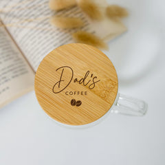Dad’s Coffee Double Wall Glass Mug with Engraved Bamboo Lid – Father’s Day or Birthday Gift