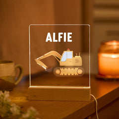 Digger Night Light Custom Name LED Lamp Construction Theme Nursery Decor Kids Bedroom Gift Nephew Niece