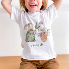 Easter Bunny T-Shirt Custom Rabbit & Flowers Kids Gift for Toddler Girl Boy First Easter Watercolour Design
