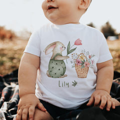Easter Bunny T-Shirt Custom Rabbit & Flowers Kids Gift for Toddler Girl Boy First Easter Watercolour Design