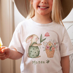 Easter Bunny T-Shirt Custom Rabbit & Flowers Kids Gift for Toddler Girl Boy First Easter Watercolour Design