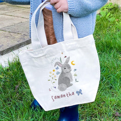 Easter Bunny Tote Bag Name Gift for Kids Boy Girl Toddler Rabbit First Easter Basket Egg Hunt Nephew Niece Son Daughter