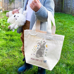 Easter Bunny Tote Bag Name Gift for Kids Boy Girl Toddler Rabbit First Easter Basket Egg Hunt Nephew Niece Son Daughter