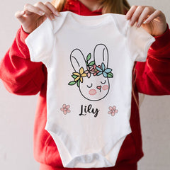 Easter Bunny Tshirt Baby Bodysuit Babygrow Personalised Kids T-Shirt With Name Bunny Design For Boys Girls