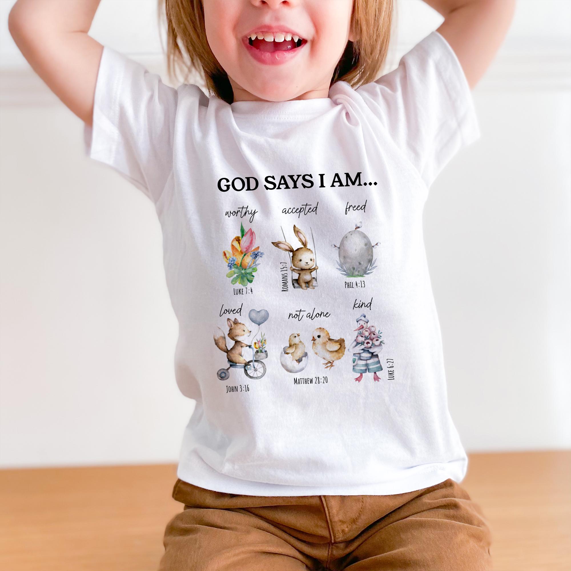Easter Outfit for Girl or Boy – God Says I Am Christian Kids T Shirt with Religious Gift