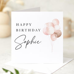 Elegant Birthday Card with Name Blush Pink Balloons Minimalist Modern Design Ideal for Wife Mum Daughter Sister Girlfriend or Best Friend