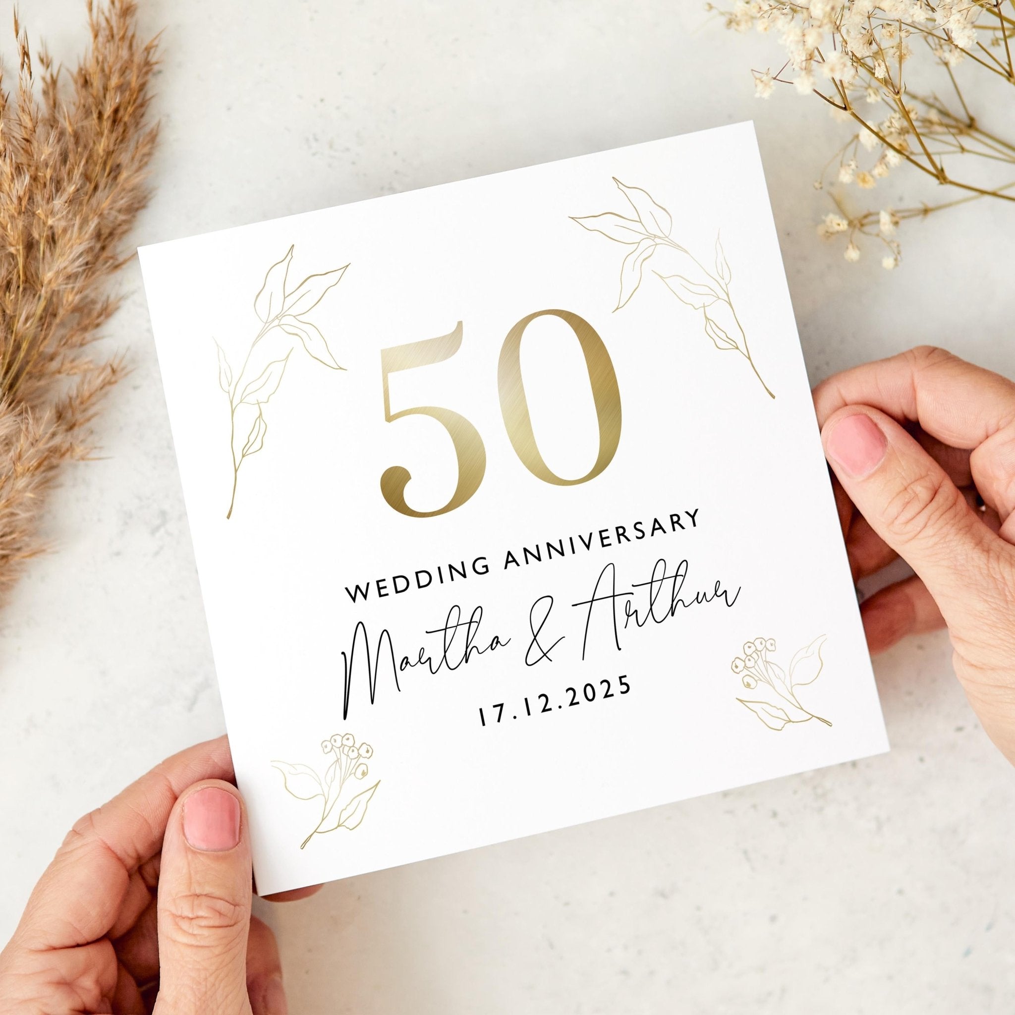 Elegant Wedding Anniversary Card With ANY YEAR Custom Gold Personalised with Couple Names and Date Keepsake Gift for Parents Wife Husband
