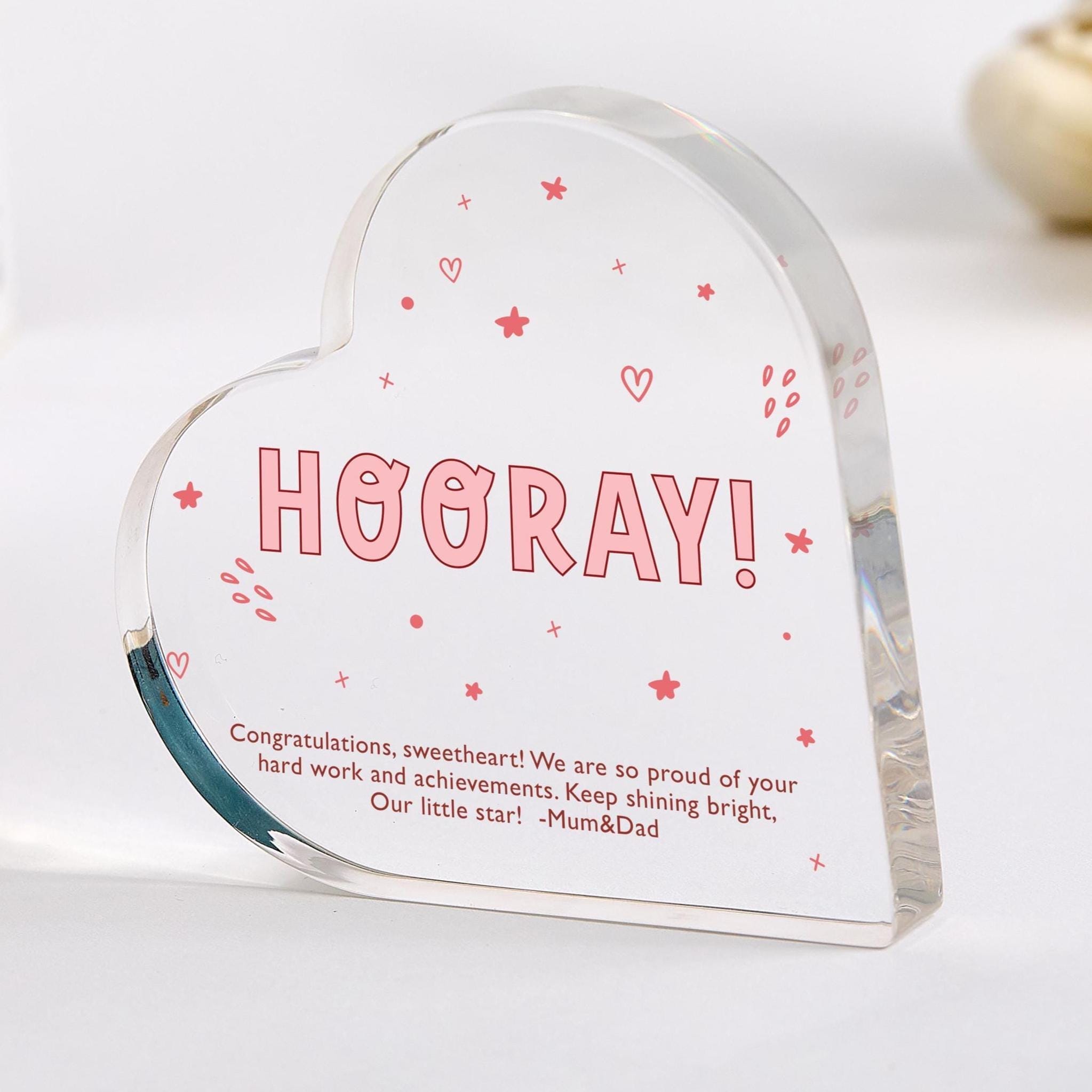 Exam Result Gift Hooray Celebration Acrylic Heart Plaque Gift Congratulations Keepsake for Graduation or Achievement A Level GCSE