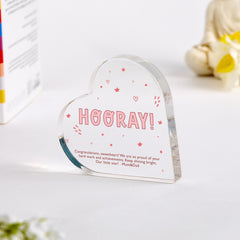 Exam Result Gift Hooray Celebration Acrylic Heart Plaque Gift Congratulations Keepsake for Graduation or Achievement A Level GCSE