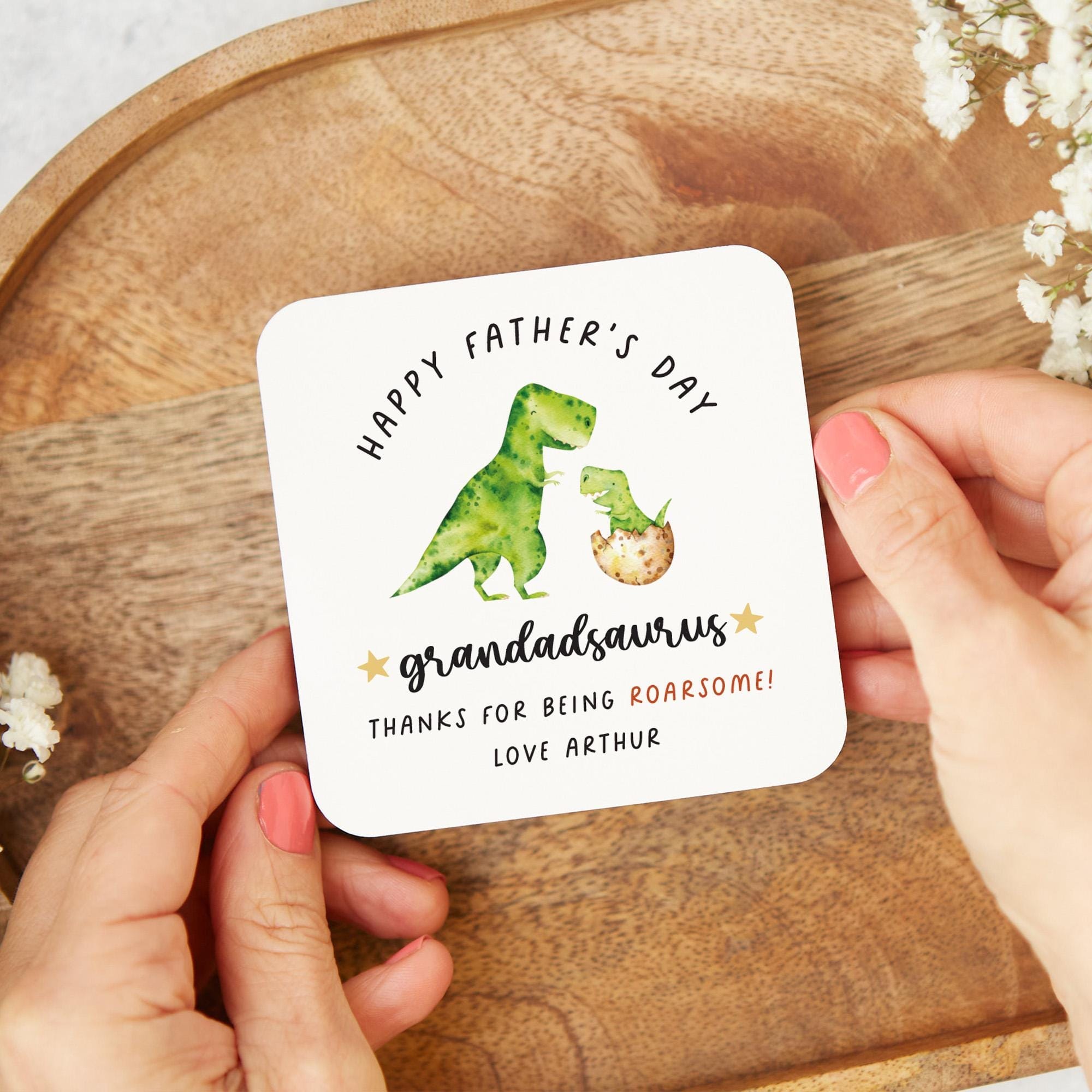 Father's Day Gift for Grandad Dinosaur Coaster ROARSOME Personalised First Fathers Day Gift for Grandpa with Name Funny Dino Keepsake