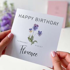 February Birthday Card Personalised Birth Flower Card For Born In February Birth With Name Birth Month Violet Gift For Her Friend Mum Sister