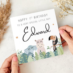 First Birthday Card for a Boy Jungle Animal Design Baby Boy 1st Birthday Card Keepsake Special Gift for Son Grandson or Nephew